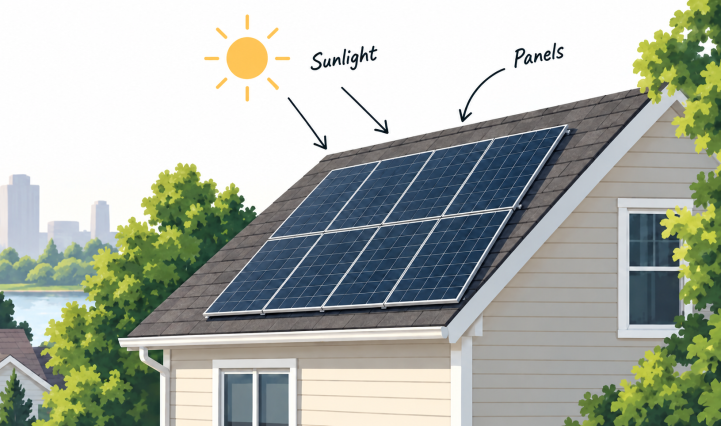 Illustrated roof and solar panels with sunlight arrows and annotations