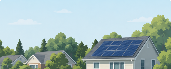 Illustrated Ottawa homes with solar panels and trees